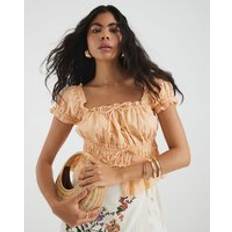 Orange - Women Tops River Island Broderie Short Sleeve Shirred Top - Orange