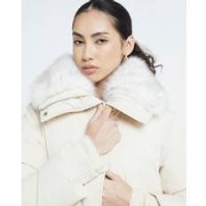 River Island Cream Faux Fur Collar Puffer Jacket - Cream