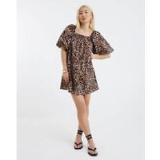 Brown - Short Dresses River Island Womens Brown Leopard Print Puff Sleeve Mini Dress - Brown
