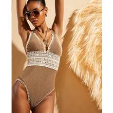 Swimsuits River Island Womens Plunged V-Neck Glitter Swimsuit - Gold