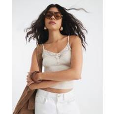 River Island Cream Sleeveless Lace Trim Ribbed Cami Top - Womens