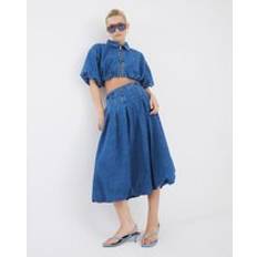 Pleats Skirts River Island Womens Bubble Hem Midi Skirt - Blue Denim