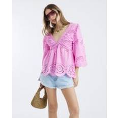 River Island V-Neck Mid Sleeve Broderie Blouse - Pink
