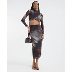 Brown Suits River Island Womens Long Sleeve Mesh Crop Top And Skirt Set - Brown