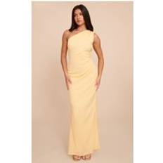 Long Dresses - Yellow PrettyLittleThing Textured One Shoulder Ruched Maxi Dress - Lemon