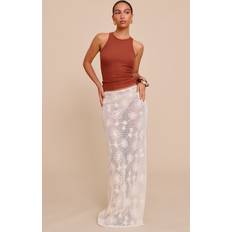 Long Skirts PrettyLittleThing Beige Flower Detail Sheer Maxi Skirt - Camel
