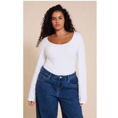 White Bodysuits PrettyLittleThing Soft Cotton Scoop Neck Long Sleeve Bodysuit - White