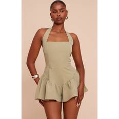 PrettyLittleThing Sage Halter Neck Drop Waist Floaty Playsuit - Sage
