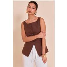 PrettyLittleThing Square Neck Linen Look Longline Waistcoat - Chocolate