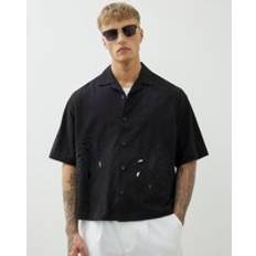 River Island Herr Skjortor River Island Mens Black Regular Fit Leaf Cut Out Shirt