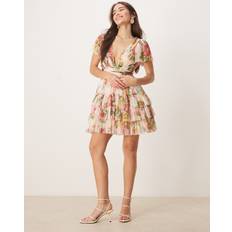 Lace & Beads Flutter Sleeve Mini Dress - Bright Floral