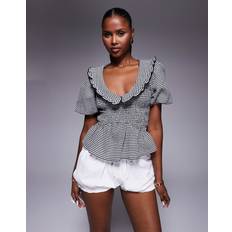 Blouses River Island Gingham Short Sleeve Collared Top - Black