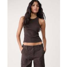 Brown - Women Tank Tops Stradivarius Ribbed Vest Top - Brown
