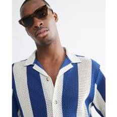 Men Tops River Island Mens Blue Regular Fit Stripe Crochet Shirt - XL