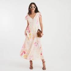 Pink floral dress River Island Lace Angel Sleeve Floral Midi Dress - Pink