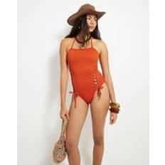 Swimsuits River Island Lace Up Bandeau Swimsuit - Orange