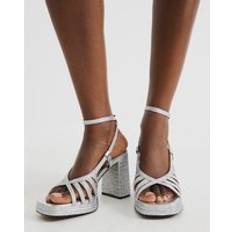 River Island Womens Silver Plaited Raffia Platform Heeled Sandals - 4