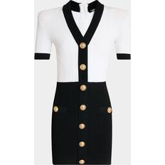Balmain Dame Tøj Balmain V-Neck Buttoned Strong-Shoulder Torsade Knit Mini Dress - Blkwhite