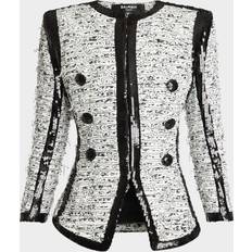 Balmain Blazers Balmain Collarless Raw-Edge Sequined Blazer - White