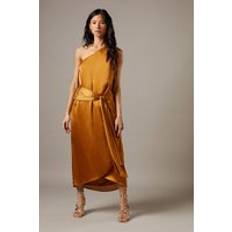 Gold - Midi Dresses Warehouse Crinkle Chiffon One Shoulder Tie Front Midi Dresses - Gold