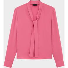 Boat Neck Blouses Theory Silk Tie Blouse - Bright Pink