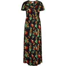 Long Dresses - Short Sleeves Apricot Tropical Print Wrap Maxi Dress - Black
