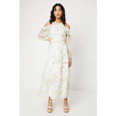 Rose Gold - Women Dresses Oasis Petite Rose Floral Organza Cold Shoulder Midi Dress - Ivory