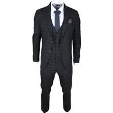 Checkered - Men Suits Infinity Leather Men's Checked 3 Piece Suit Tailored Fit - Black