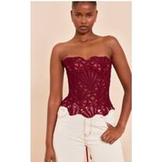 Röda Korsetter PrettyLittleThing Wine Textured Sheer Floral Lace Corset - Red