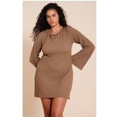PrettyLittleThing Plus Taupe Textured Boat Neck Long Sleeve Shift Dress - Brown