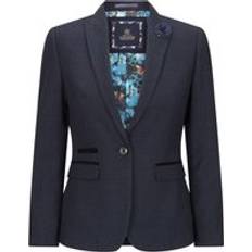Checkered - Women Blazers Infinity Leather Women's Tailored Fit Tweed Check Blazer Wool Jacket - Blue