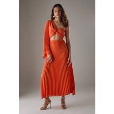 Tie Dye - Women Dresses Warehouse Chiffon Pleated One Shoulder Cut Out Midi Dress - Orange