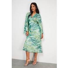 Green - Women Clothing Warehouse Flare Sleeve Plunge Satin Midi Dress - Green