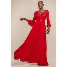 A-Line Dresses - Red Goddiva Scalloped Lace Bodice Pleated Chiffon A Line Maxi Dress - Red
