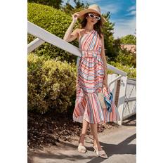 Coast Lisa Tan Polo Stripe One Shoulder Bow Dress - Multi