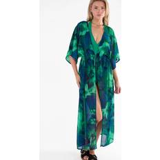 Green Swimsuit Cover-Ups & Sarong Wraps Gini London Women's Green Watercolour Floral Print Beach Cover - Kimono