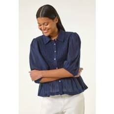 Natural Blouses Roman Collar Shirred Button Blouse - Navy