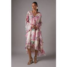 Coast Long Sleeve Printed Chiffon Volume Maxi Dress - Pink