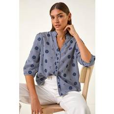 Natural Blouses Roman Floral Embroidered V-Neck Blouse - Navy