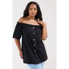 Yours Button Front Frill Bardot Top - Black
