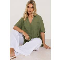 Women Shirts Yours Curve Relaxed Linen Shirt - Khaki Green