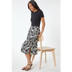 Roman Petite Leaf Print Linen Midi Skirt - Black