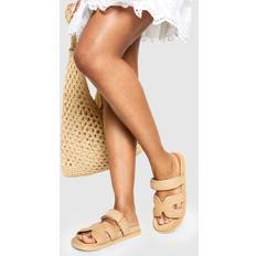 Beige - Polyurethane Slides boohoo Womens Wide Fit Raffia Cut Out Detail Sliders - Beige