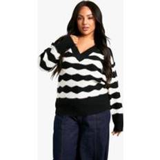 V-Neck Jumpers boohoo Womens V Neck Strip Oversized Knitted Jumper - Black