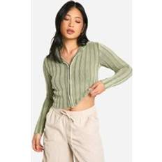 L Cardigans boohoo Womens Petite Acid Wash Off The Shoulder Chunky Rib Knit Zip Cardigan - Green