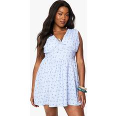 boohoo Womens Plus Ditsy Tie Detail Plunge Corset Skater Dress - Purple