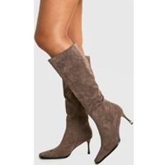 Stiletto Boots boohoo Womens Faux Suede Pointed Toe Heeled Knee High Boots - Grey