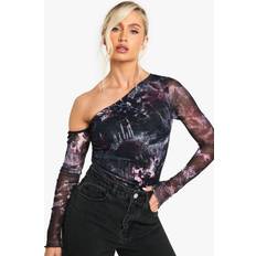Purple - Women Shapewear & Under Garments boohoo Womens Petite Printed Mesh Asym Shoulder Bodysuit - Purple