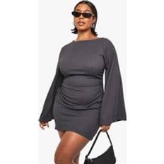 Boat Neck Dresses boohoo Womens Plus Textured Ruched Batwing Mini Dress - Grey