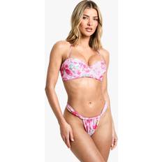 Florals Bikini Sets boohoo Womens Floral Print Underwired Bikini Top & Tanga Bikini Bottoms Set - Pink
